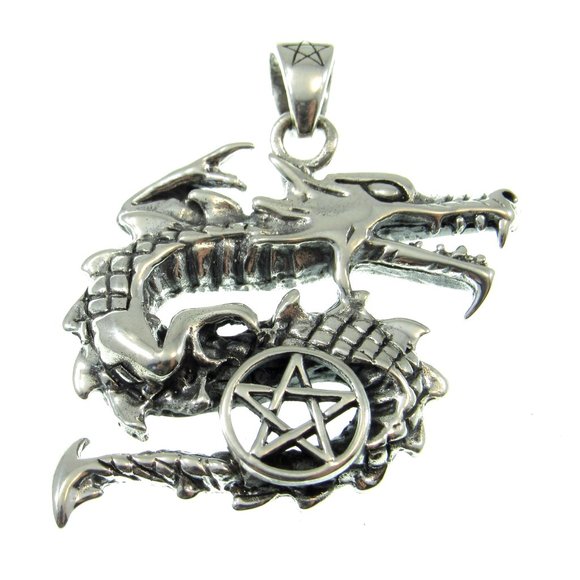 Solid 925 Sterling Silver Curling Dragon and the Pentacle Star Pagan Pendant - Picture 1 of 5
